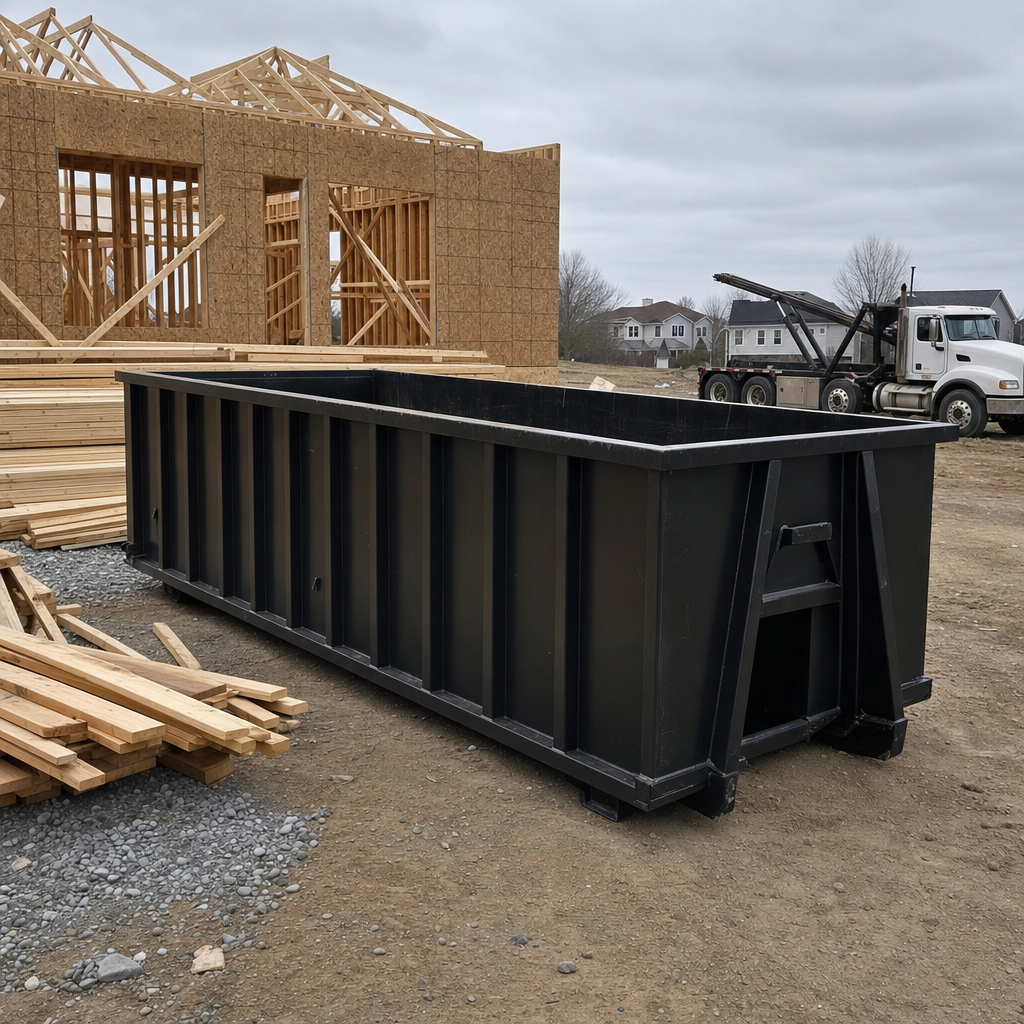 Matte-black 40-yard roll-off dumpster staged on a framed-out residential construction site in Tempe, framing lumber stacked nearby, hooklift delivery truck visible in the background under bright Colorado daylight