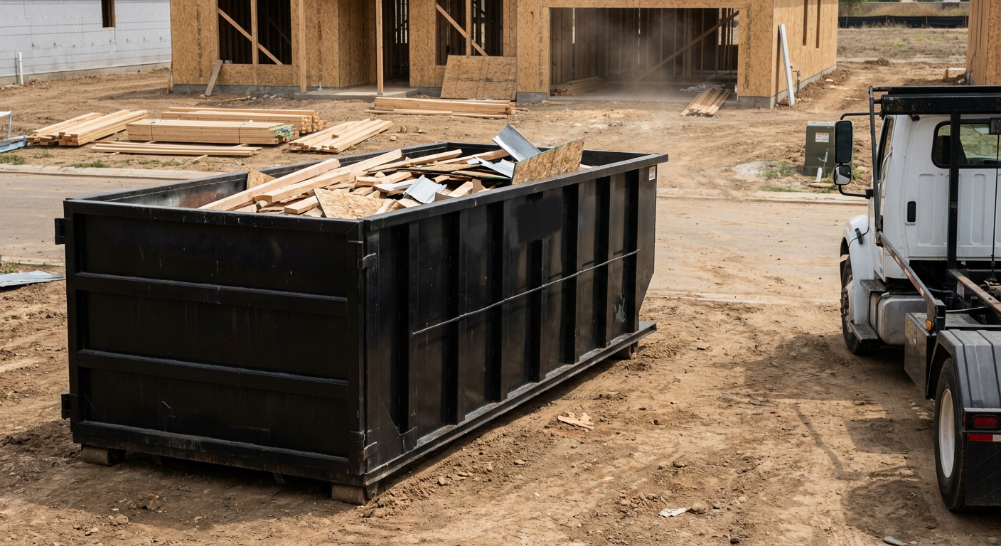 Matte-black 20-yard roll-off construction dumpster with heavy ribbed steel sidewalls and swing rear doors at a working jobsite in Tempe, sitting directly on compacted dirt with an unmarked white hauler partially visible at the far edge of the frame.