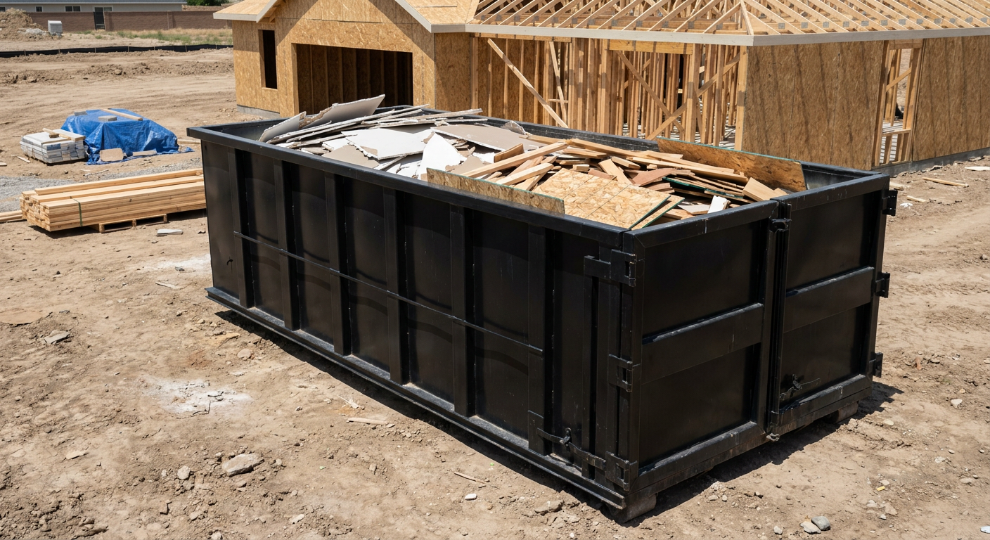 Matte-black 30-yard roll-off construction dumpster sitting directly on the compacted-dirt site of a framed single-family home build in Tempe, drywall and lumber scrap loaded inside.
