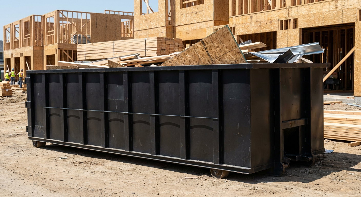 Matte-black 40-yard roll-off construction dumpster being lowered from a white-cab hooklift delivery truck onto the compacted-dirt jobsite at a commercial build site in Tempe