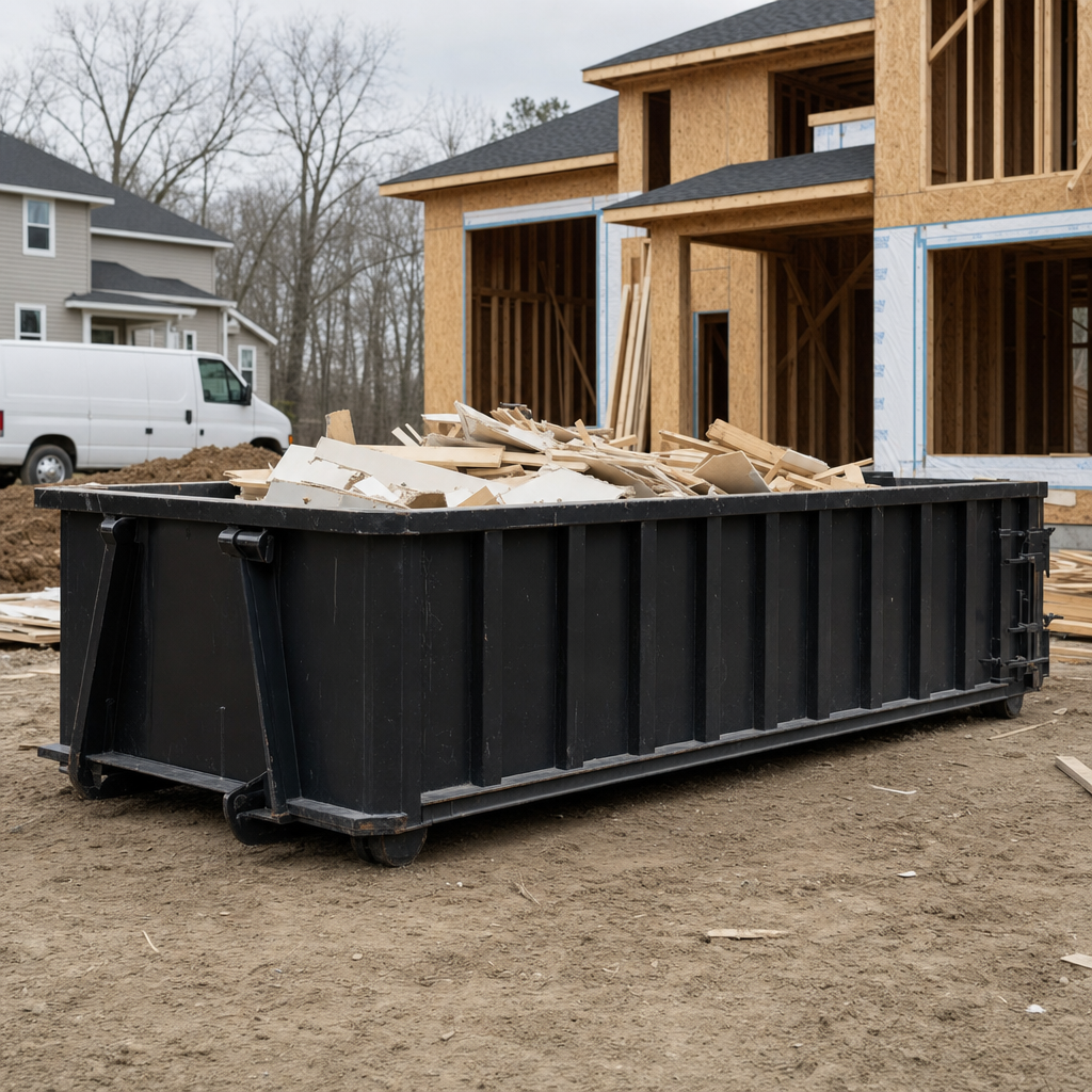 Worker in a yellow high-visibility vest tossing framing lumber and broken drywall into a matte-black 30-yard construction roll-off dumpster on an active build site in Tempe, bright daylight