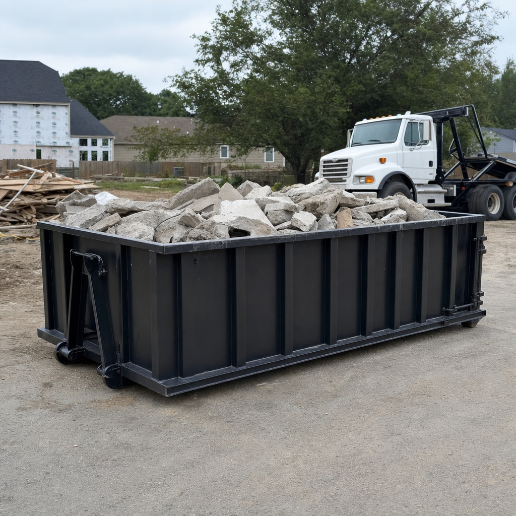 Low-profile matte-black lowboy roll-off dumpster loaded with broken concrete slab and rebar at a foundation tear-out in Tempe, skid steer parked beside it, sunny Colorado morning