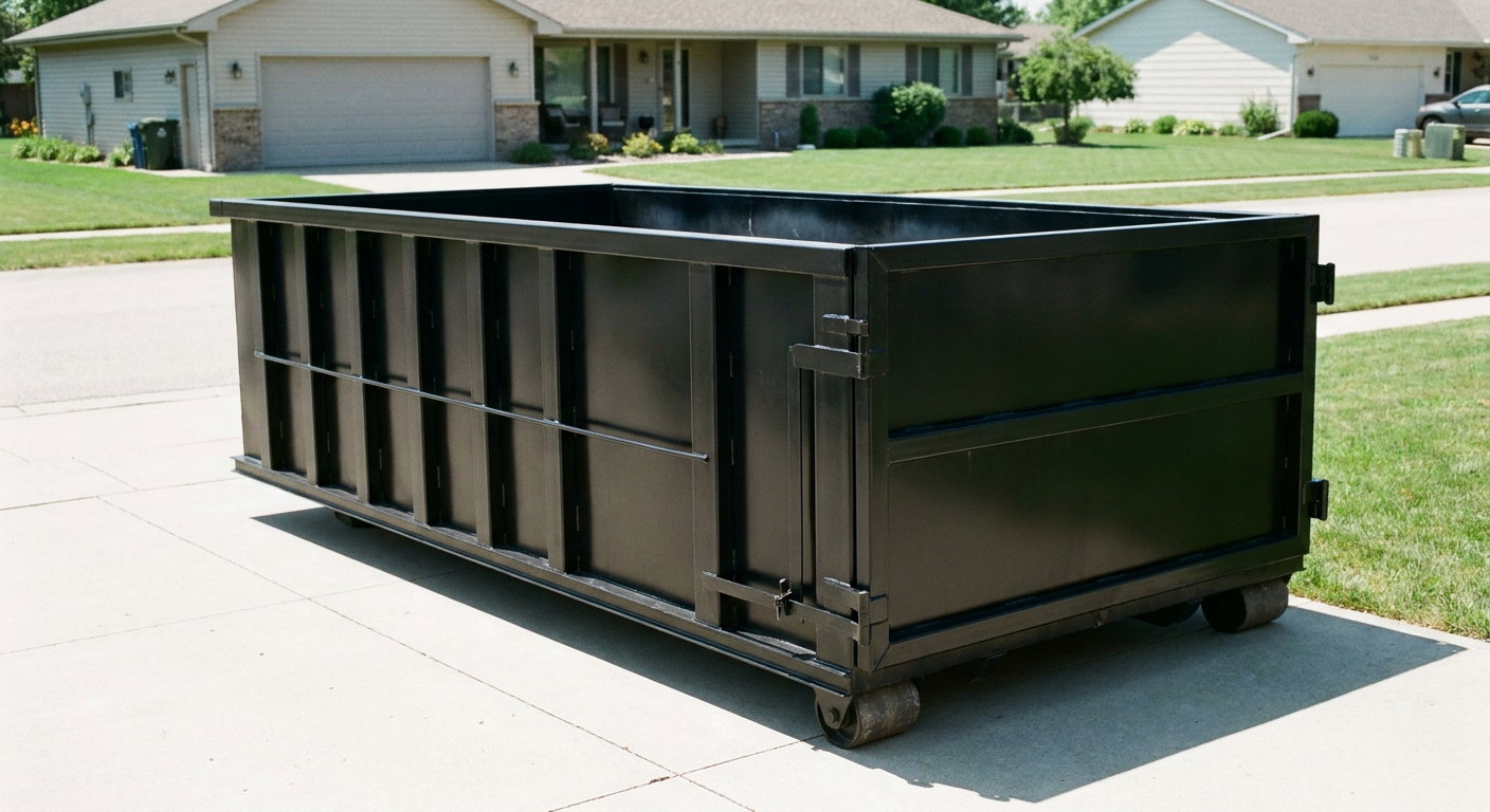 Matte-black 10-yard roll-off dumpster on a residential concrete driveway in Tempe, uniformly painted matte black across every panel and rail, ribbed steel sidewalls and rear swing door visible, mid-day daylight.