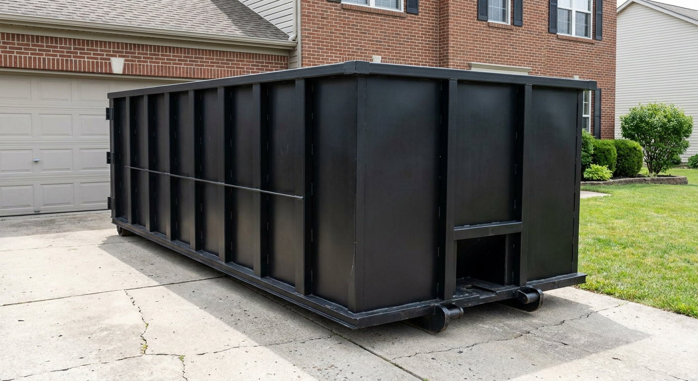 Matte-black 20-yard roll-off container on a Tempe residential concrete driveway with reinforced ribbed steel sidewalls and a hinged rear walk-in door, clean bright daylight.