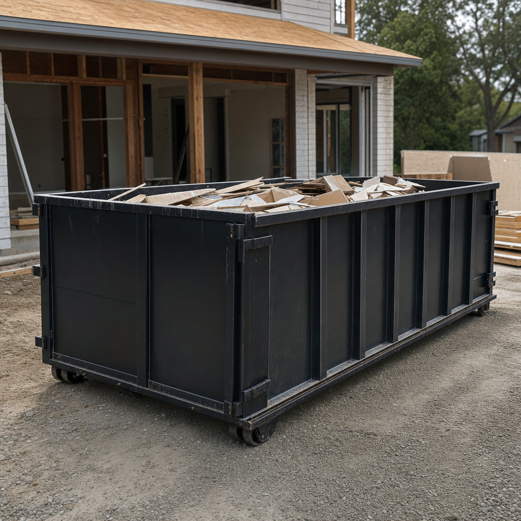 Large matte-black 30-yard construction roll-off dumpster at an active Tempe jobsite, steel-gray top rails and bottom rollers visible, loaded with construction debris.