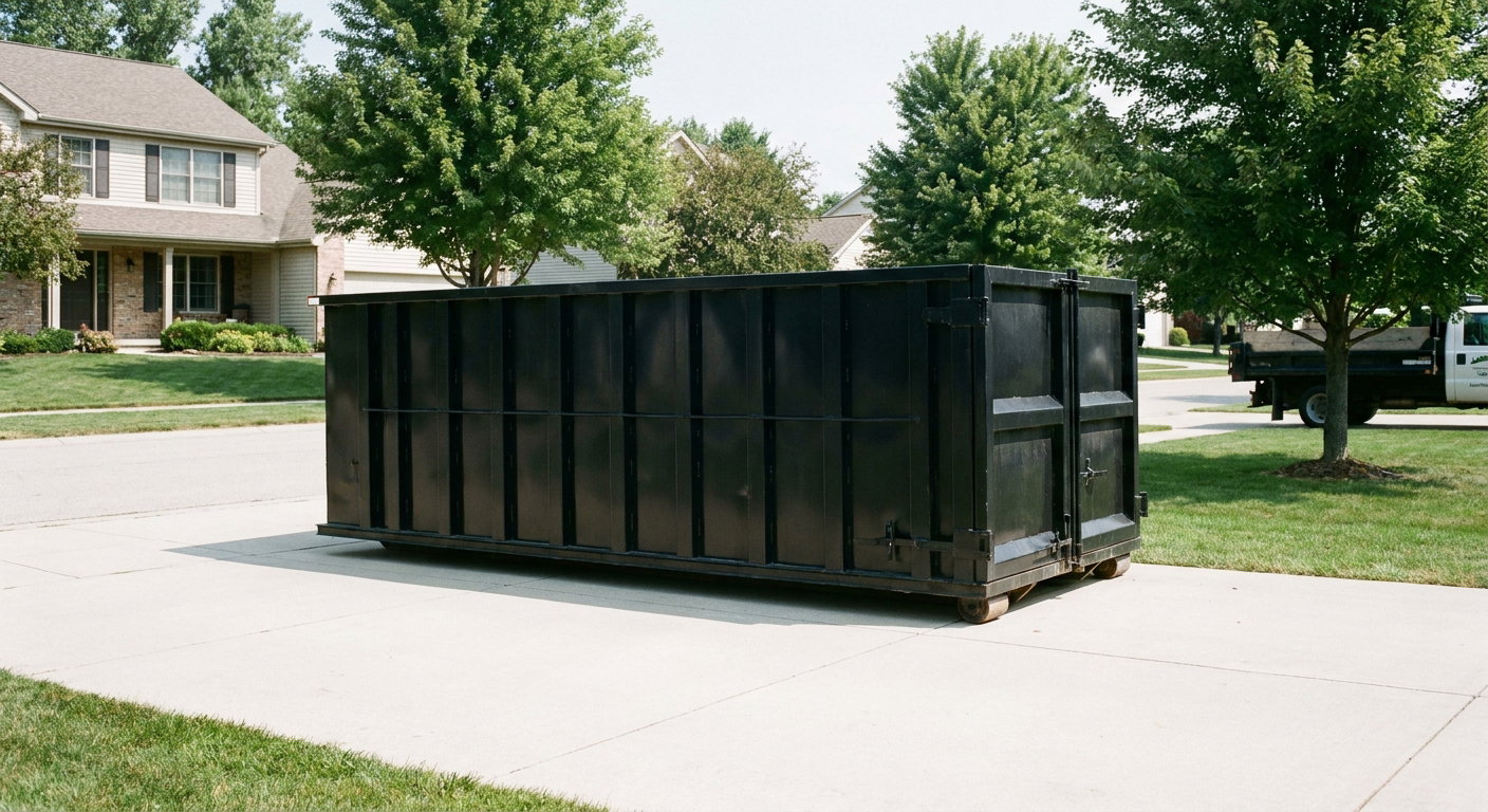 Matte-black 20-yard roll-off dumpster sitting level on a clean Tempe residential concrete driveway under bright daylight, demonstrating clean placement directly on the concrete.