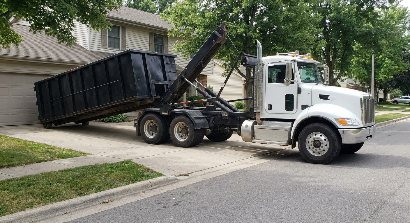 White-cab hooklift roll-off truck actively lowering a matte-black dumpster onto a Tempe residential concrete driveway, the dumpster's rear wheels touching the driveway as the hoist arm tilts the bed forward, mid-morning daylight.