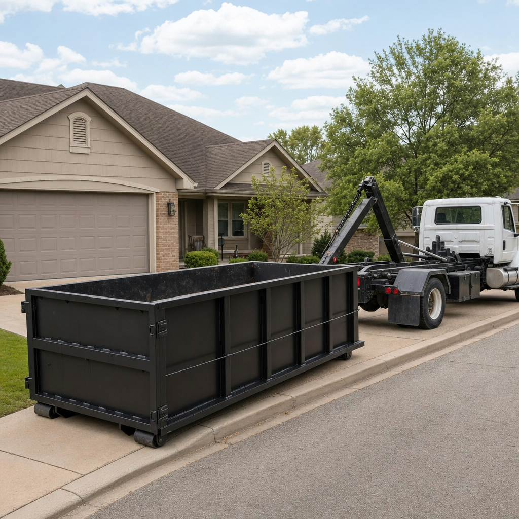 Wide documentary shot of a matte-black roll-off dumpster on a Tempe residential driveway in the foreground and a contractor jobsite container in the soft-focus background, bright daylight, calm and orderly composition.