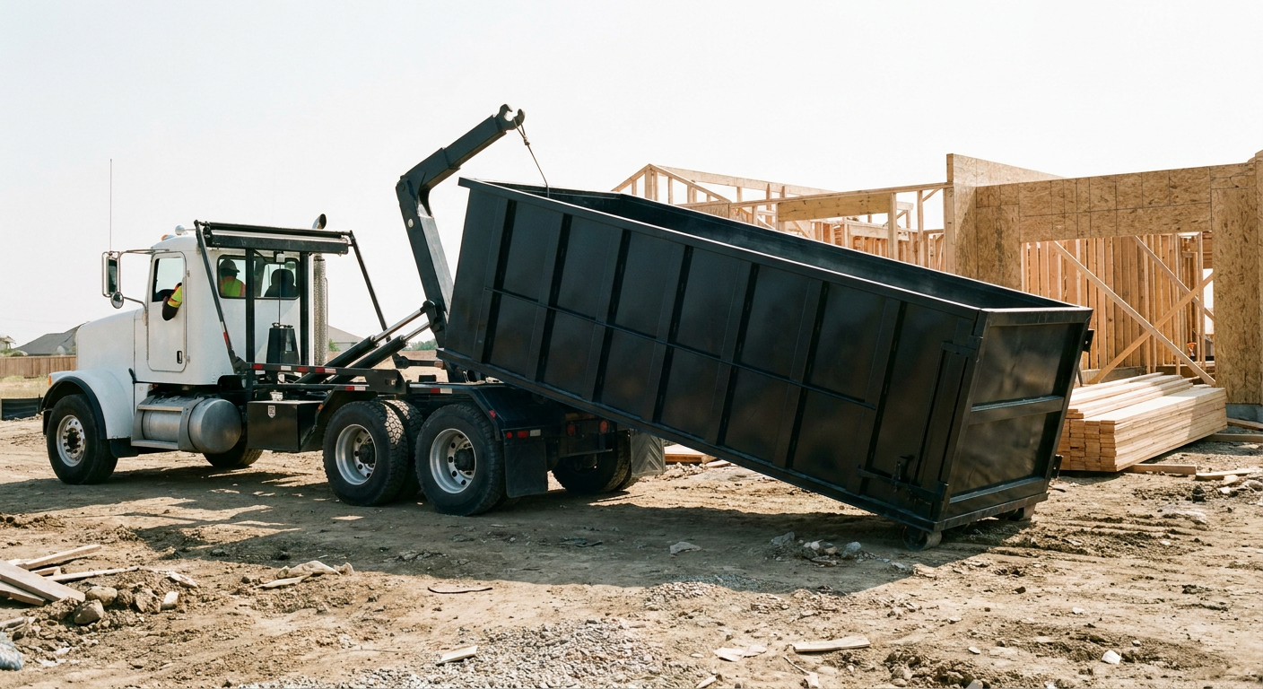 Matte-black roll-off dumpster being delivered onto a clean residential concrete driveway in Tempe by an unmarked white hooklift hauler truck, bright morning daylight, documentary 35mm perspective.