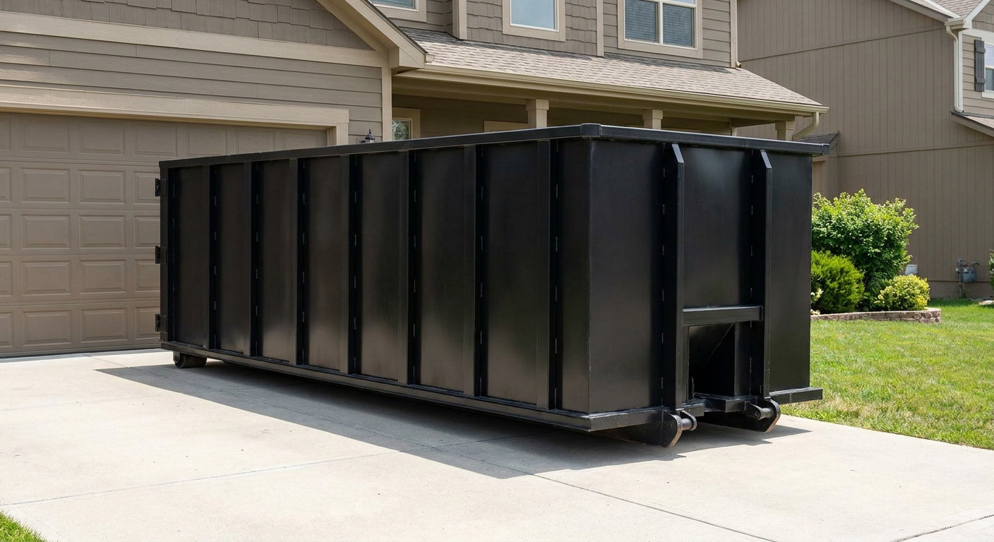 Matte-black residential roll-off dumpster sitting directly on a suburban Tempe concrete driveway, garage door closed, single-family home in background, bright morning daylight.