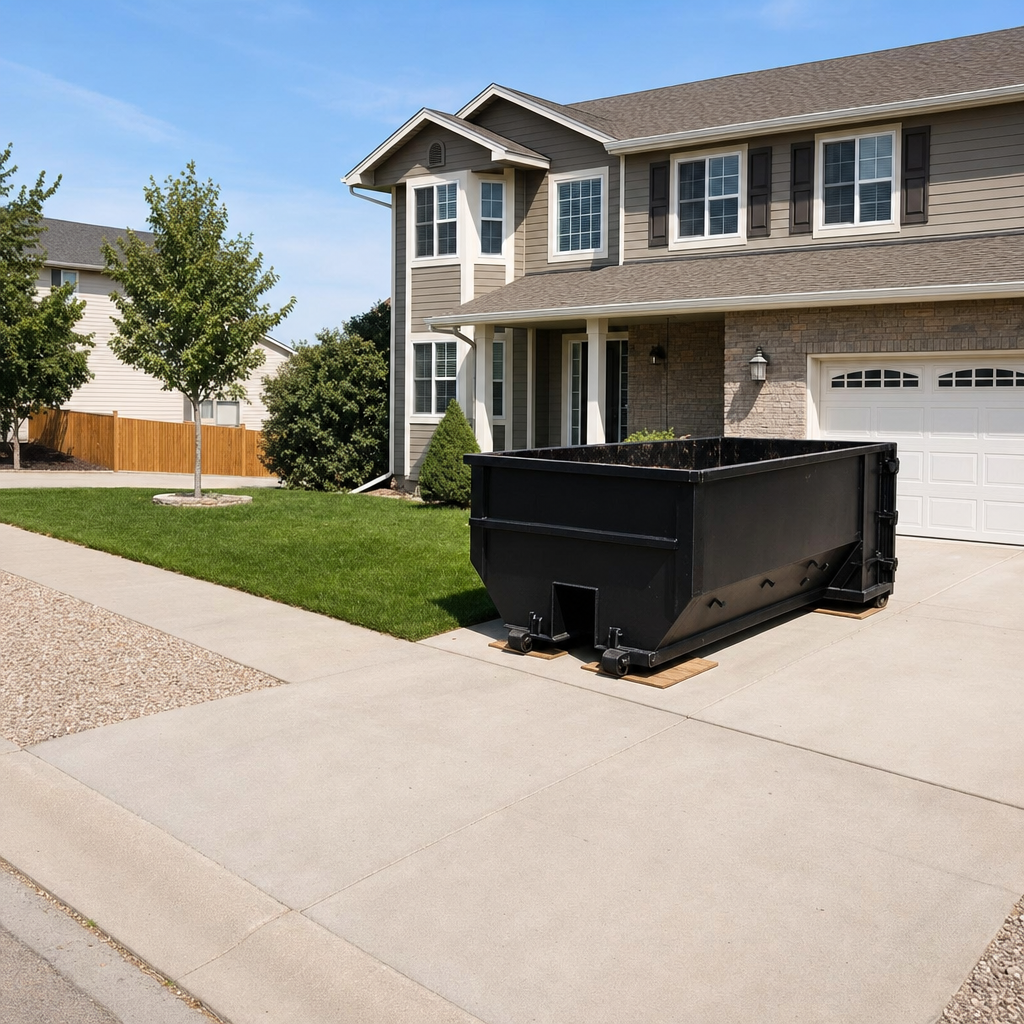 10-yard matte-black residential dumpster placed directly on a narrow Tempe concrete driveway, room remains for a parked sedan beside it, mid-morning natural light