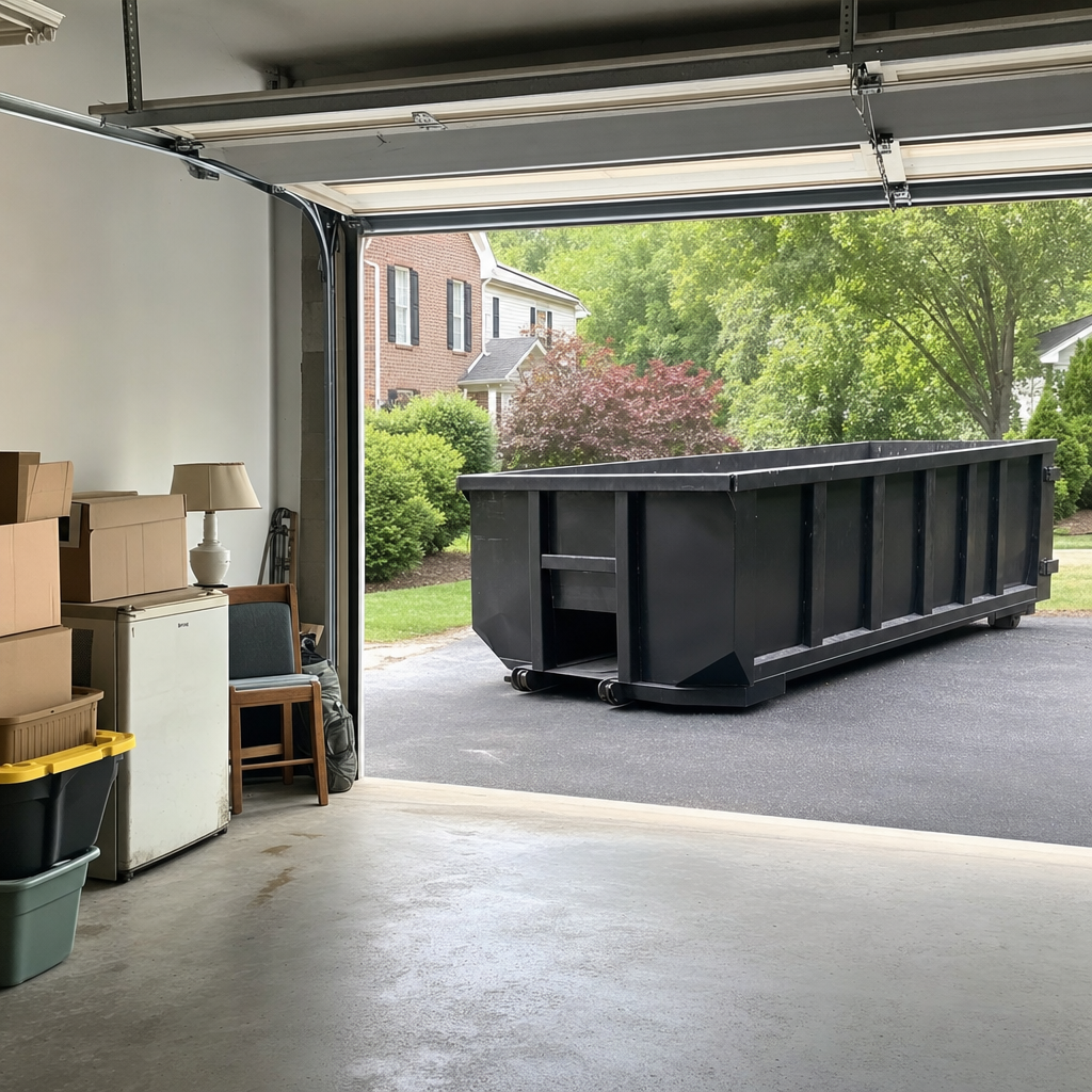 Open garage interior in a Tempe home mid-cleanout — boxed items, an old appliance, and stacked yard tools queued near the driveway for a matte-black roll-off dumpster, organized and calm