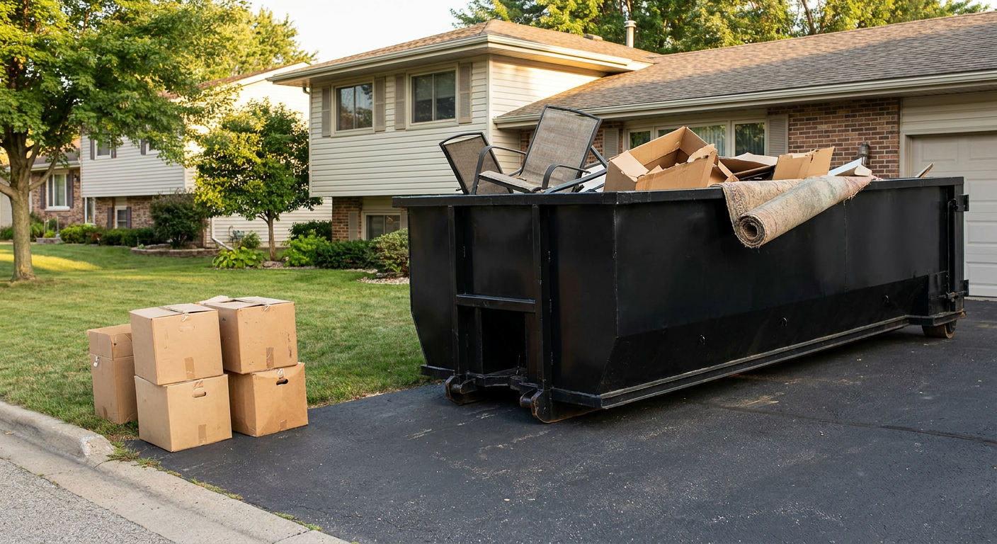Front-yard view of a Tempe split-level home with a 20-yard matte-black roll-off dumpster sitting directly on the asphalt driveway, a few clearly labeled donation boxes staged at the curb, calm sunny afternoon.