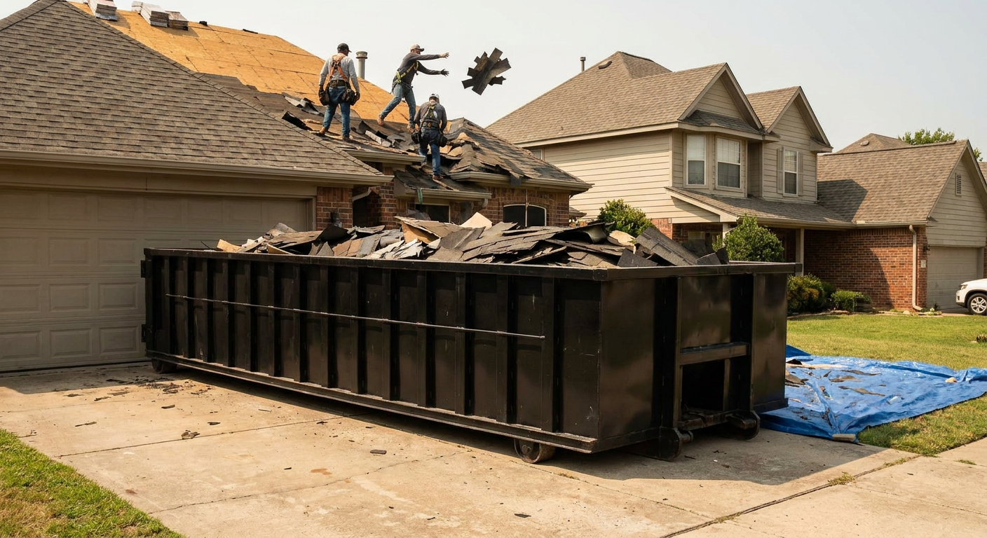 Matte-black roofing roll-off dumpster placed directly on a Tempe residential concrete driveway, a tear-off crew on a two-story asphalt-shingle roof tossing shingle bundles into the low-walled container, bright daylight, documentary 35mm perspective.