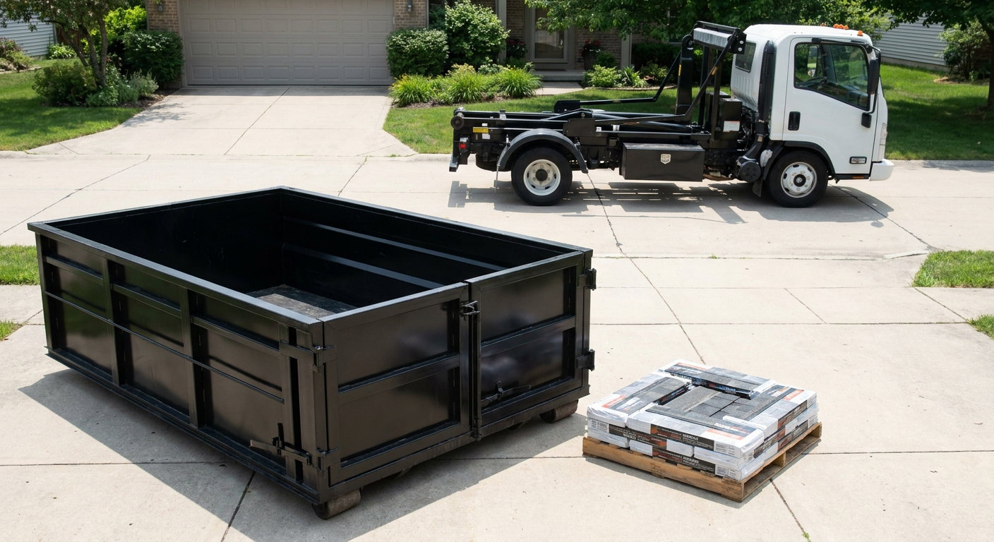 Matte-black 15-yard roofing roll-off dumpster with reinforced low side walls sitting directly on a Tempe residential concrete driveway, three-tab asphalt shingle bundles stacked nearby, an unmarked white hauler truck partially visible at the edge of the frame.