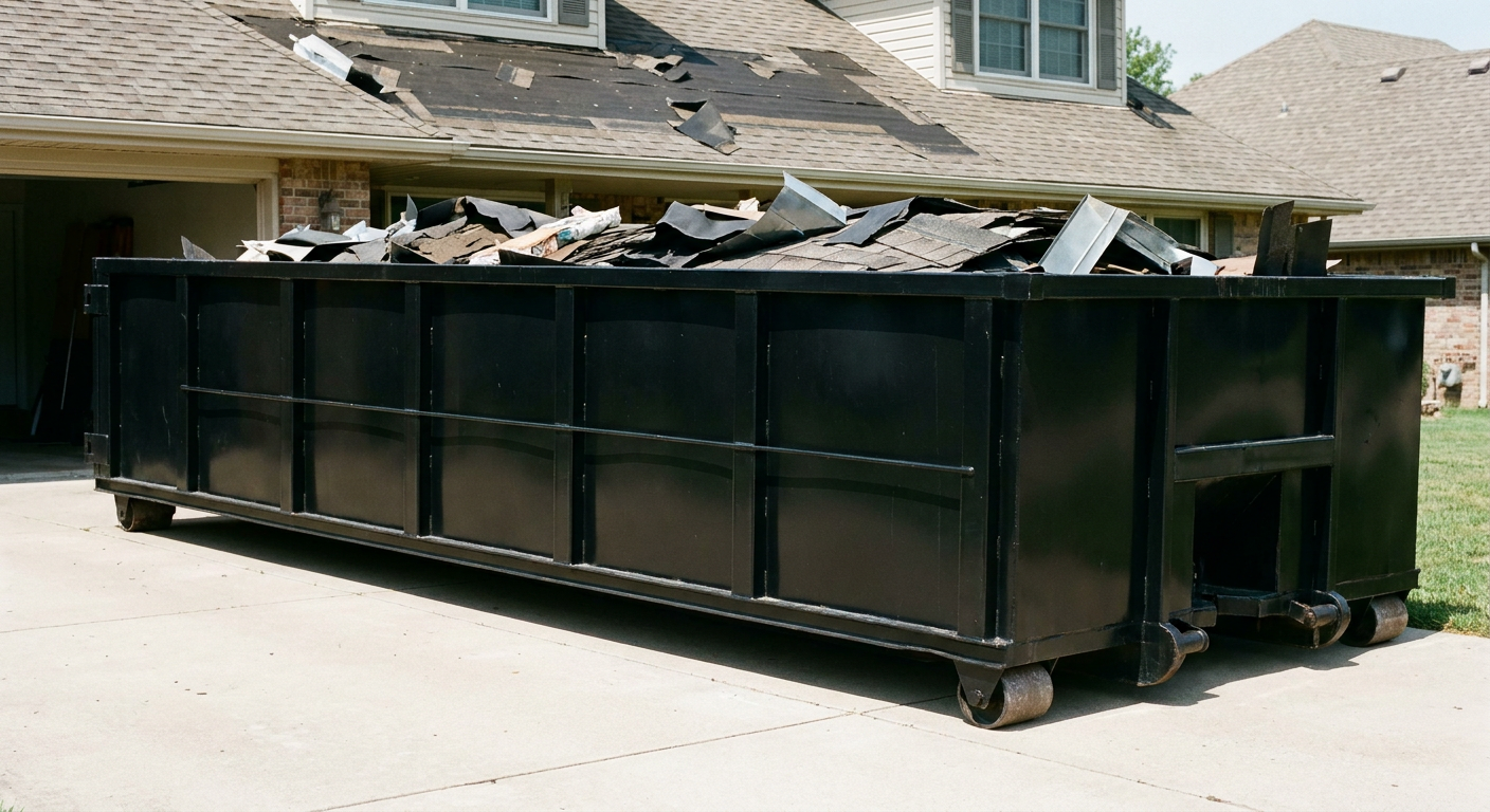 Matte-black 20-yard roofing roll-off dumpster with steel ribbed sides and swinging rear door, sitting directly on the concrete driveway of a two-story Tempe home, asphalt shingle debris being loaded over the low wall, clean documentary lighting.