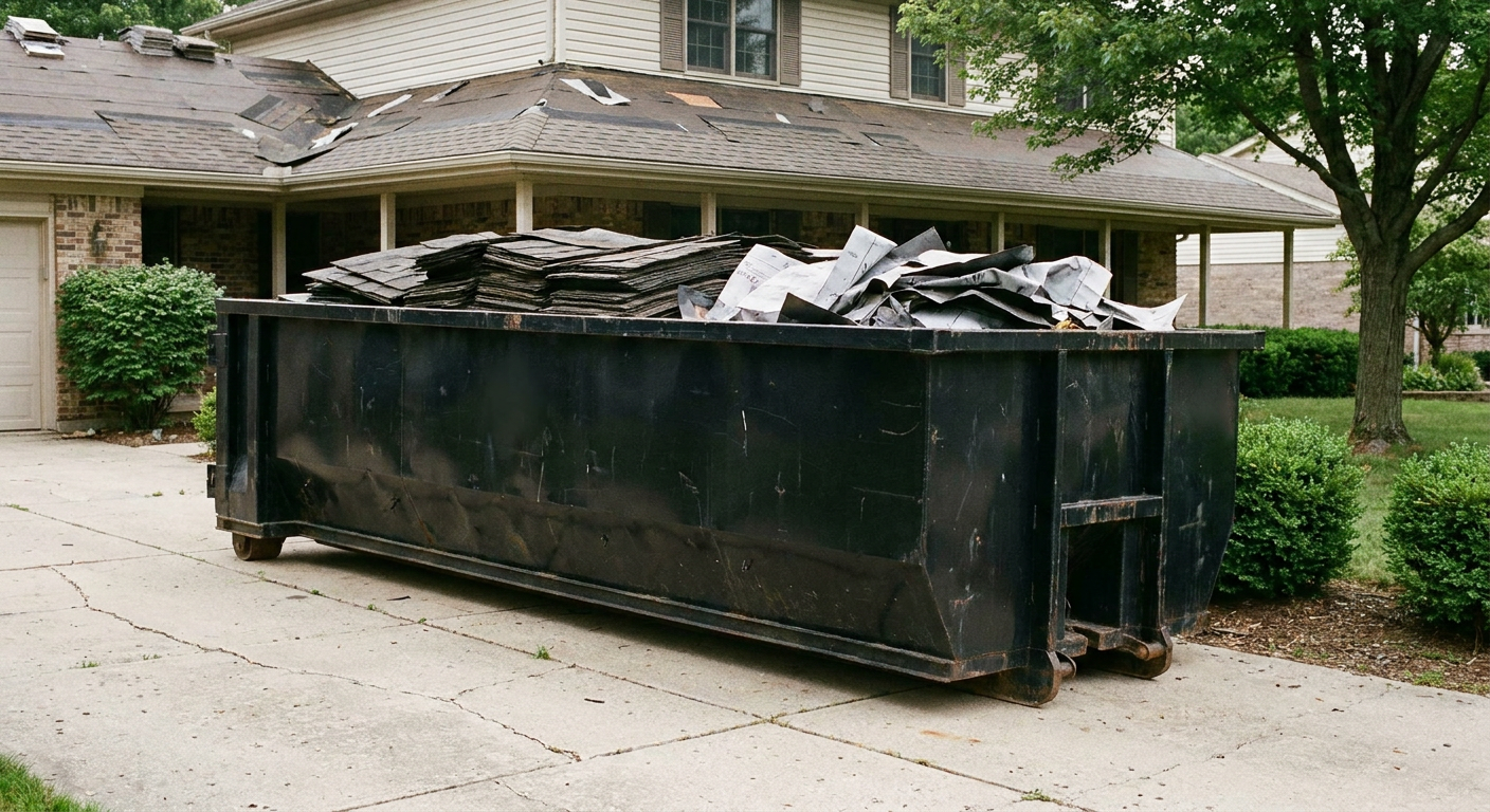 Matte-black 30-yard roofing roll-off dumpster sitting directly on a Tempe concrete driveway, taller ribbed steel side panels, mixed tear-off debris of asphalt shingles and underlayment inside, professional documentary daylight.