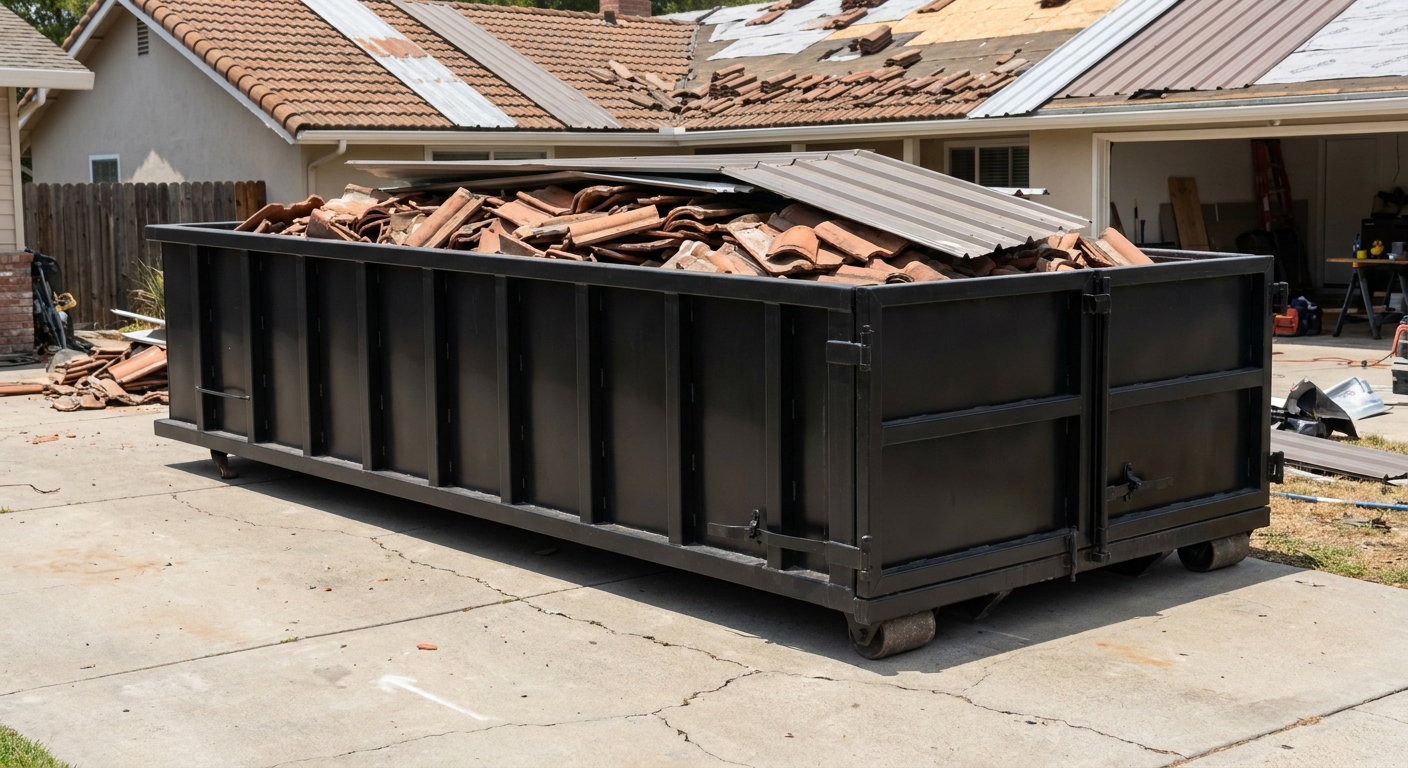 Matte-black low-wall heavy-debris roofing roll-off dumpster sitting directly on a Tempe concrete driveway, broken concrete clay roof tiles and metal panel sections loaded inside, reinforced ribbed steel side walls visible, bright outdoor daylight.