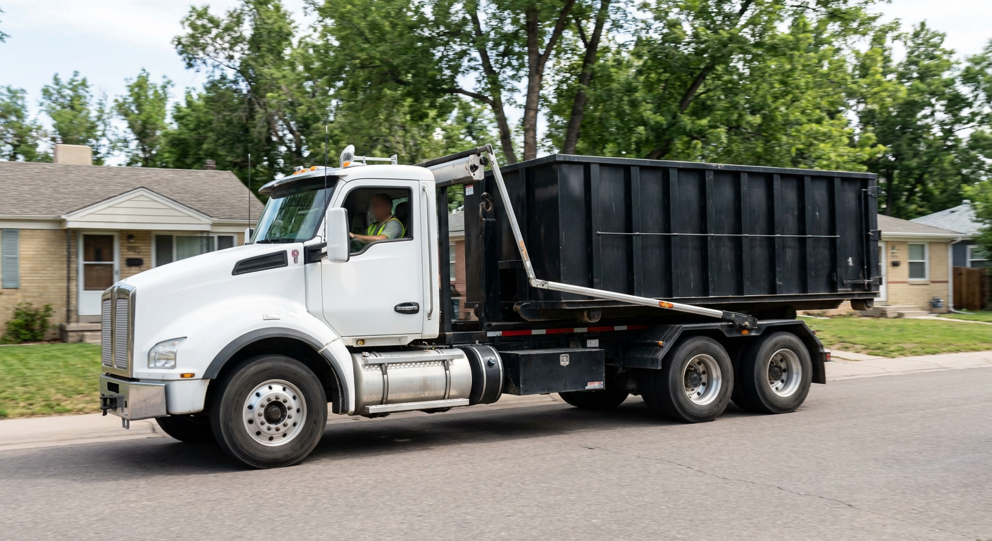 A wide documentary shot of a matte-black roll-off delivery truck pulling onto a quiet Tempe residential street at mid-morning, with neighborhood rooftops and tree-lined blocks visible behind, showing the metro coverage footprint.