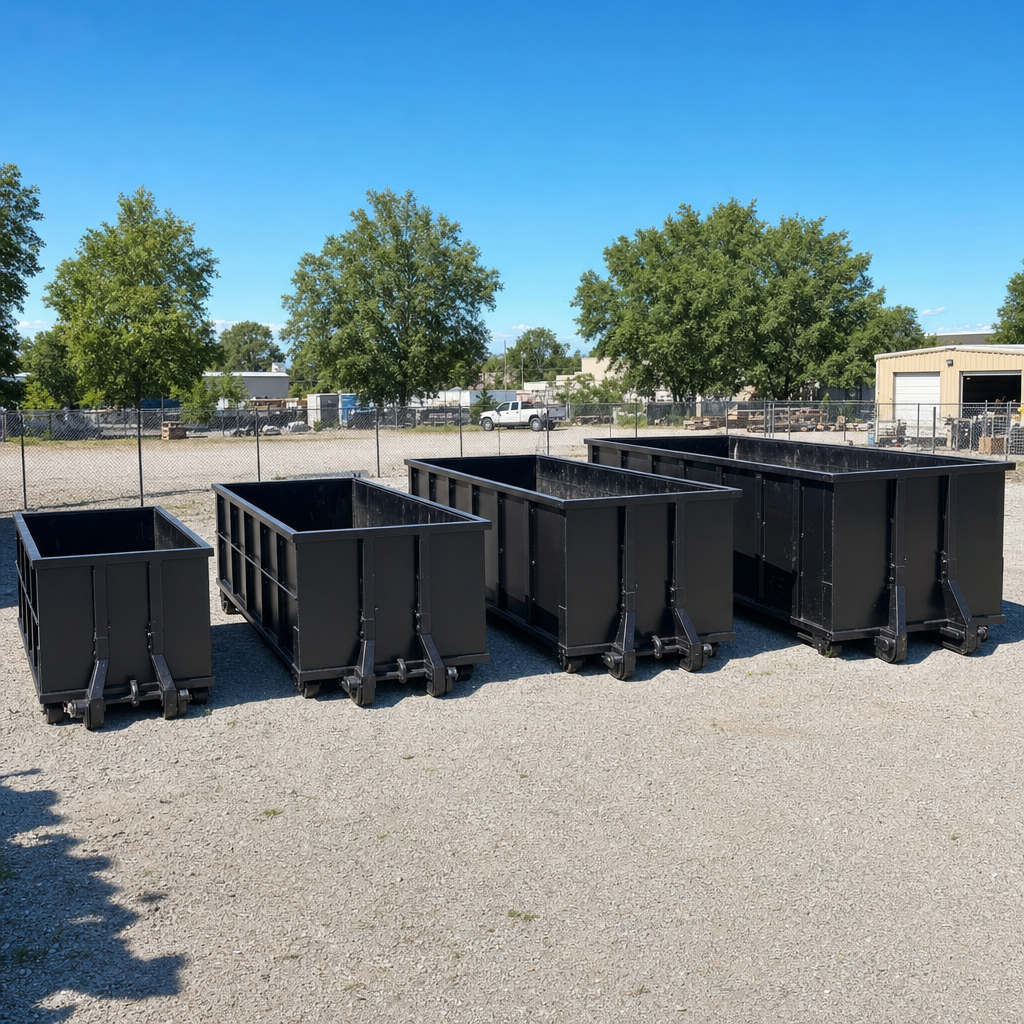 A clean lineup of matte-black roll-off dumpsters in 10, 20, 30, and 40-yard sizes staged on a sunlit gravel yard in Tempe, showing the size progression from compact to commercial-scale containers.