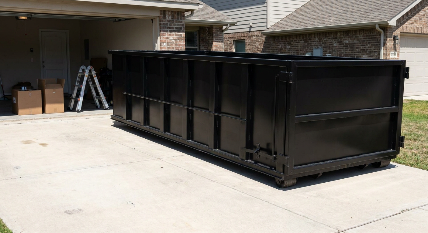 A matte-black 10-yard roll-off dumpster sitting directly on a residential Tempe concrete driveway, mid-day sunlight, clean and ready for a garage cleanout.