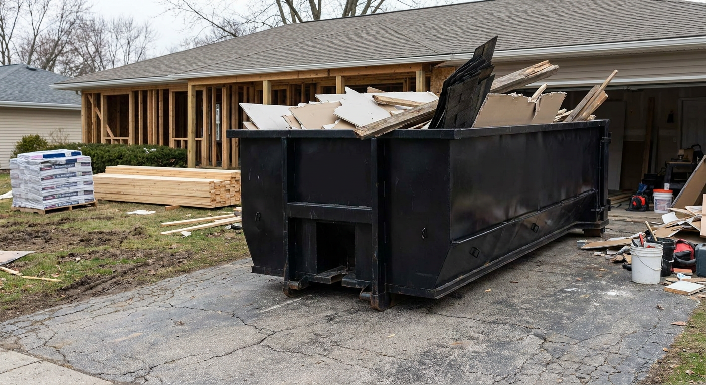 A matte-black 20-yard roll-off dumpster placed alongside a mid-renovation Tempe home directly on the asphalt driveway, with framing materials and torn-off shingles staged neatly nearby.