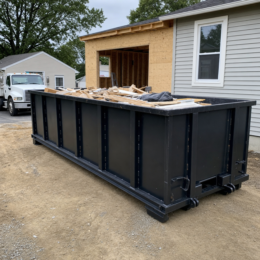 A matte-black 30-yard roll-off dumpster positioned at a Tempe residential addition jobsite, with framing lumber and drywall scraps loaded through the open swinging rear doors.