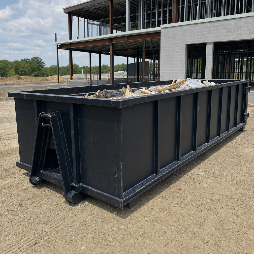 A matte-black 40-yard roll-off dumpster staged on a large Tempe commercial construction lot, with a hooklift delivery truck parked alongside under bright midday sky.