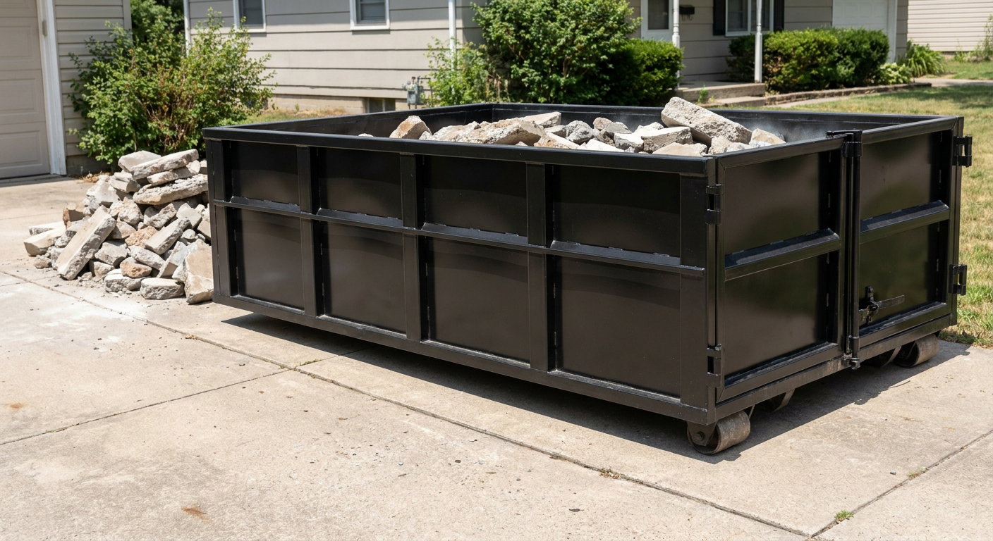 A matte-black low-side heavy-debris roll-off dumpster placed directly on a Tempe concrete driveway, with broken concrete chunks neatly stacked beside it under clean daylight.
